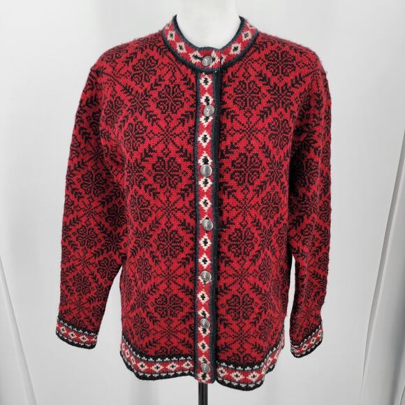 LL Bean Cardigan Womens Medium Merino Wool Red Black Snowflake Sweater Vintage - Picture 1 of 12